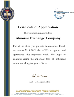 Al-Morisi Company got an international certificate from the Association of Fraud Examiners (ACEF)